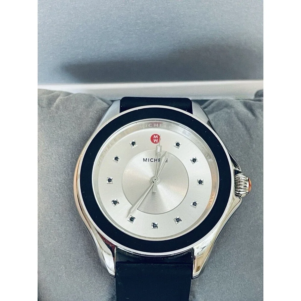 Michele Cape Topaz Watch MWW27A000012 Silver Dial Black Silicone Band Box Paper